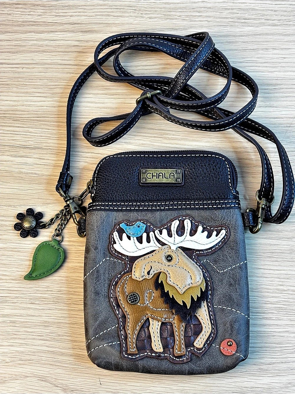 Chala Moose Cellphone Crossbody Bag Brown & Black Vegan Leather